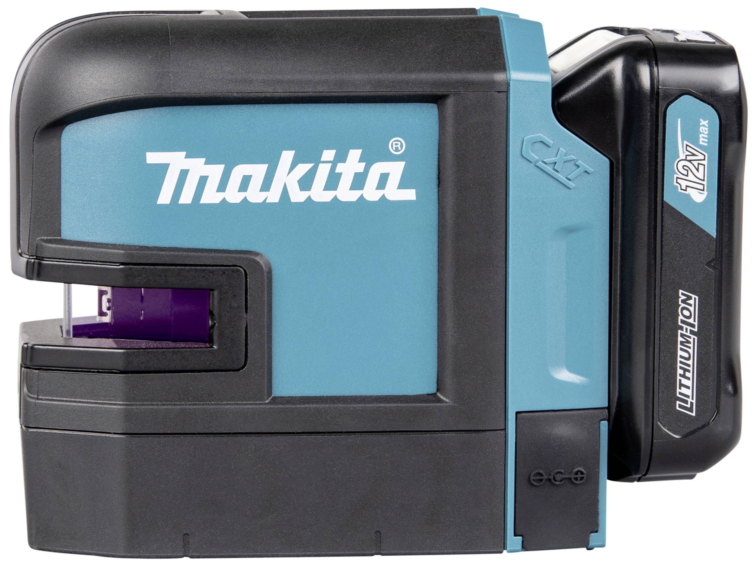 Makita křížový čárový laser v modré a černé barvě s 12V lithium-iontovou baterií, model CXT. Ideální pro přesné nivelační práce.