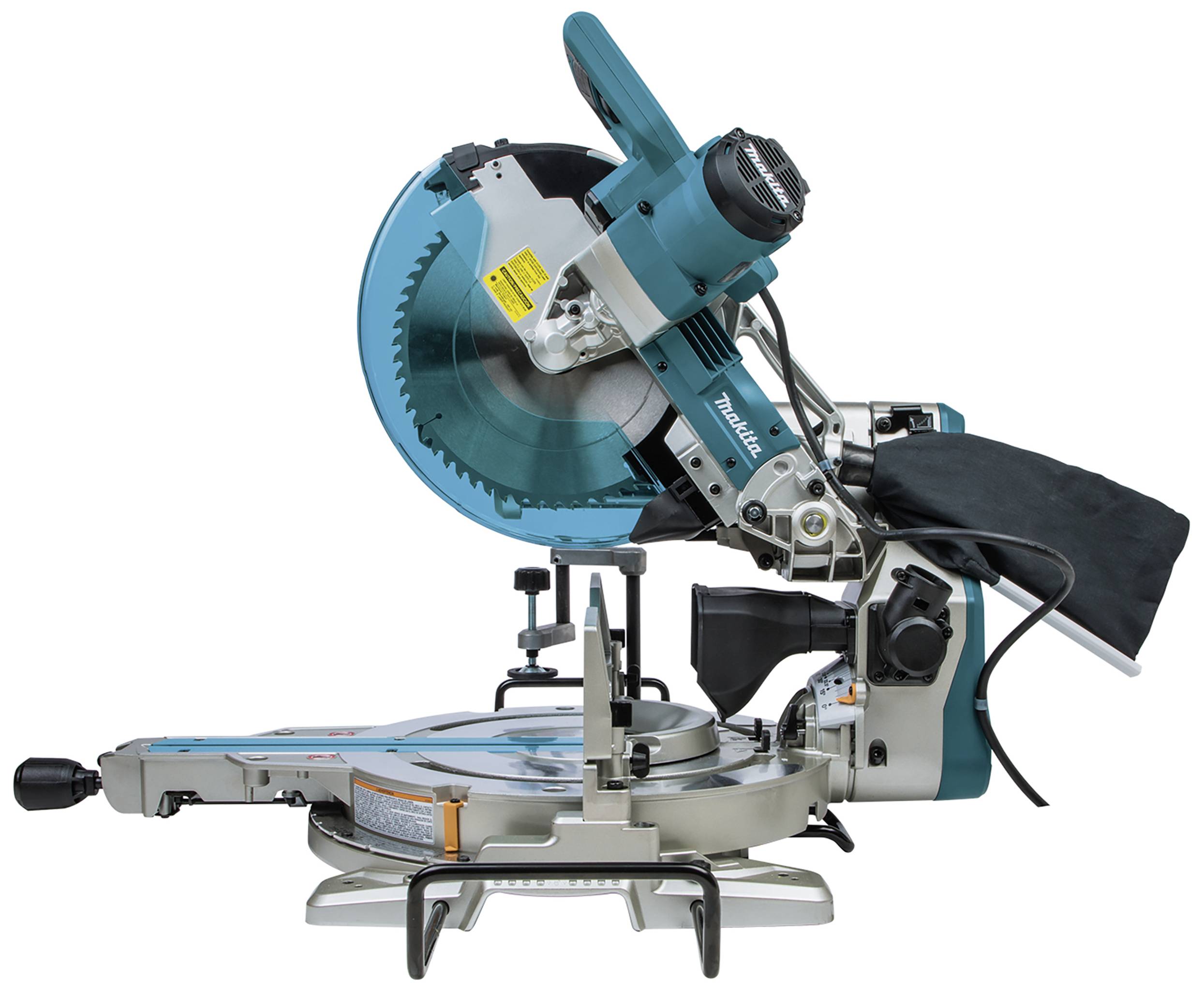 Elektrická pokosová pila s modrým krytem, stříbrnou základnou a nastavitelným úhlem. Vhodná pro přesné truhlářské práce.