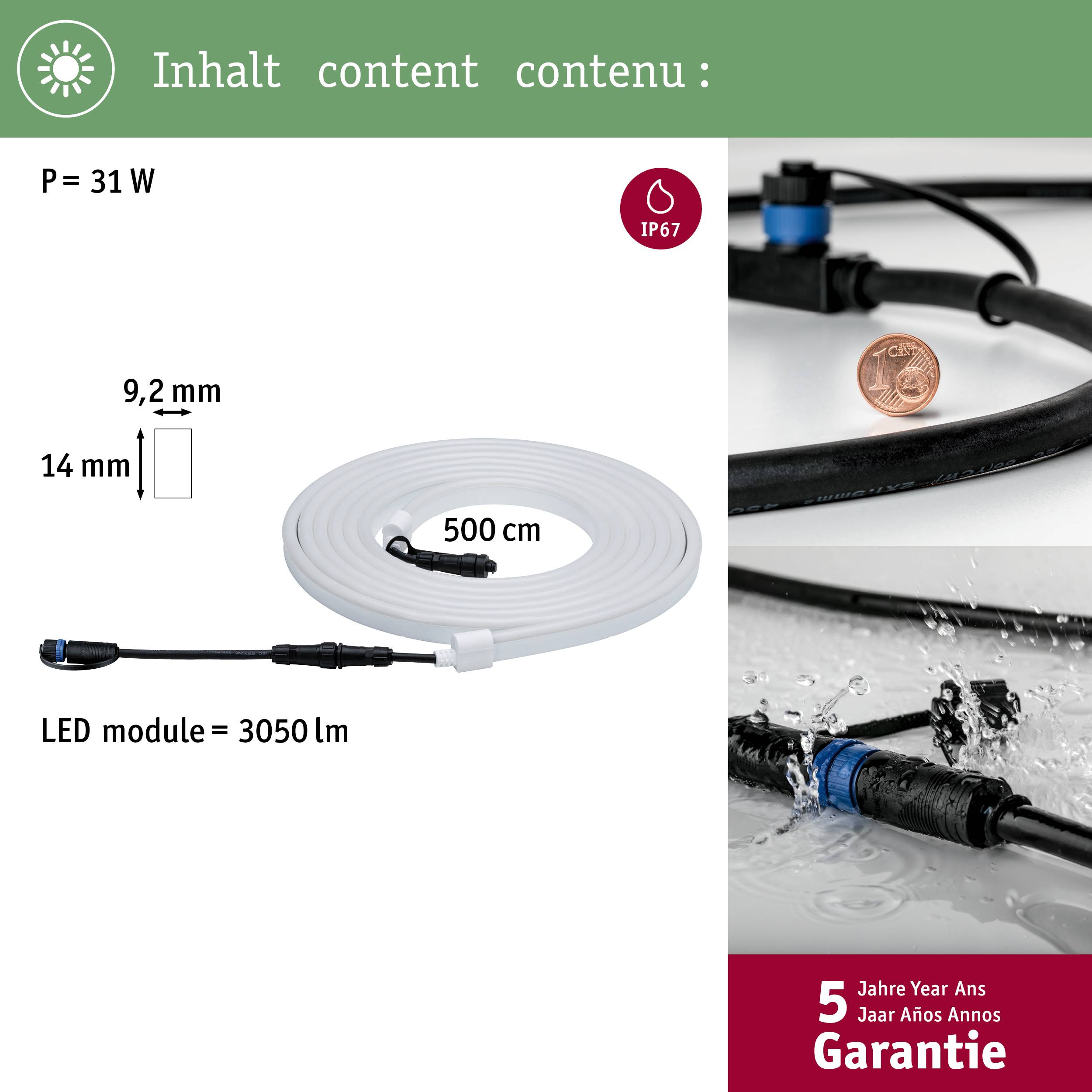 LED světelná lišta, 500 cm dlouhá, certifikace IP67, 31 W, šířka 9,2 mm, výška 14 mm, 5letá záruka, zobrazena se zásuvkovým připojením.