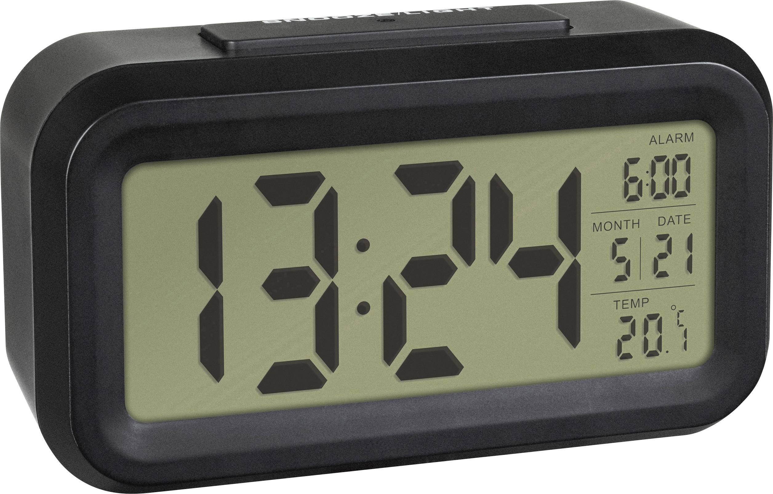 Digitální hodiny ukazují '13:24', nastavení budíku na '6:00', datum '5/21', teplota '20,1°C'.