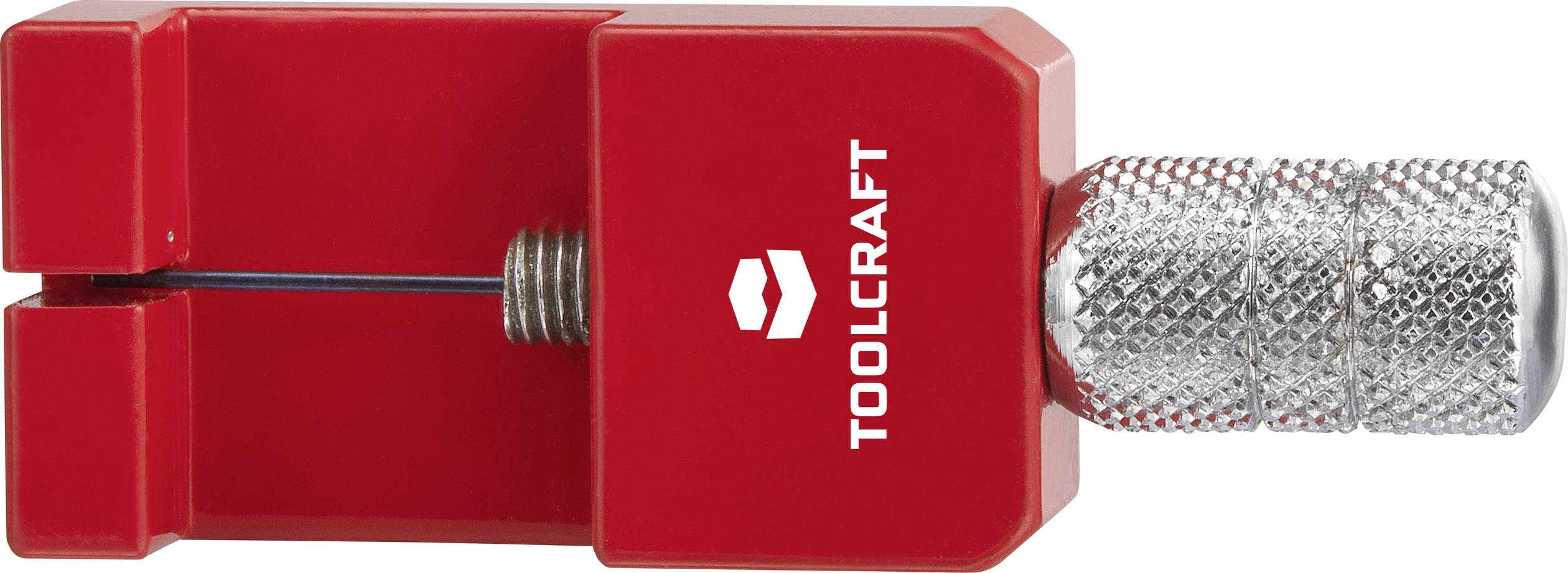 Červený drátový napínák s nápisem 'TOOLCRAFT' na straně a stříbrnou vroubkovanou rukojetí.
