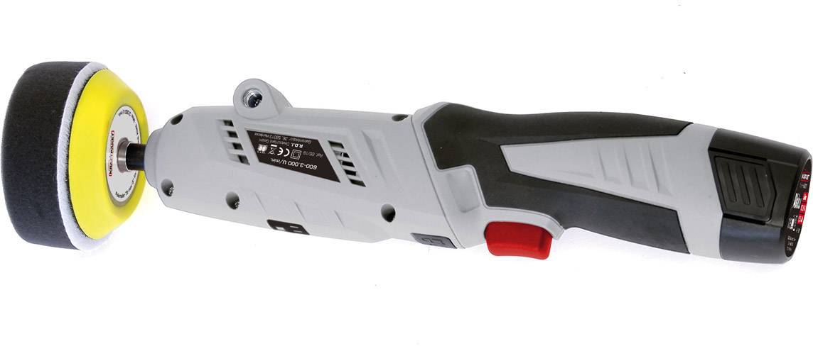 Akumulátorový šroubovák se žlutým leštícím nástavcem a ergonomickou rukojetí, vhodný pro leštění.