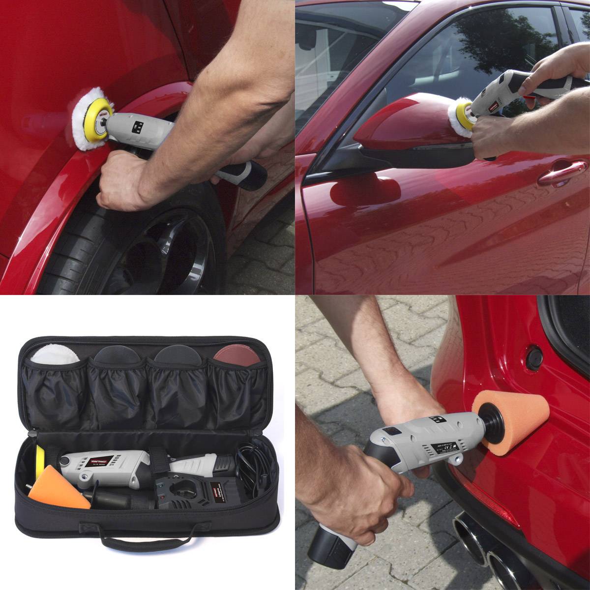 Muž leští blatník červeného automobilu pomocí leštičky. Pod ním je leštička s příslušenstvím v tašce.