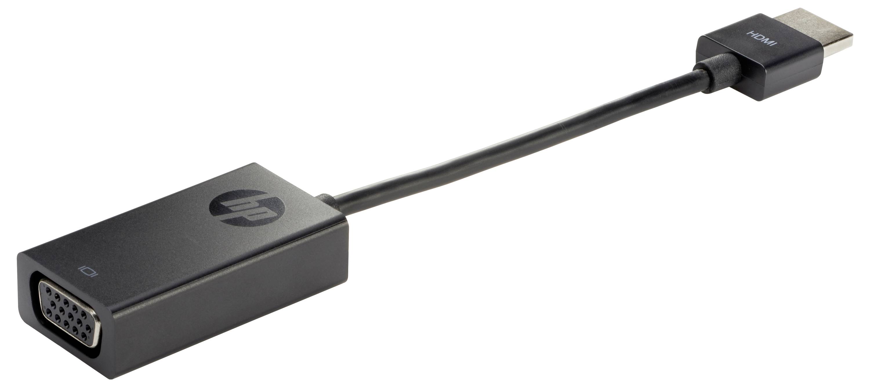 Adaptér z HDMI na VGA s černým kabelem a konektory, s logem HP na konci VGA konektoru.