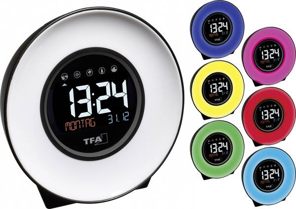 TFA Dostmann  60.2023.02  Quartz  budík  bílá, modrá, žlutá, zelená, růžová, červená, světle modrá  časů buzení 1    velký displej