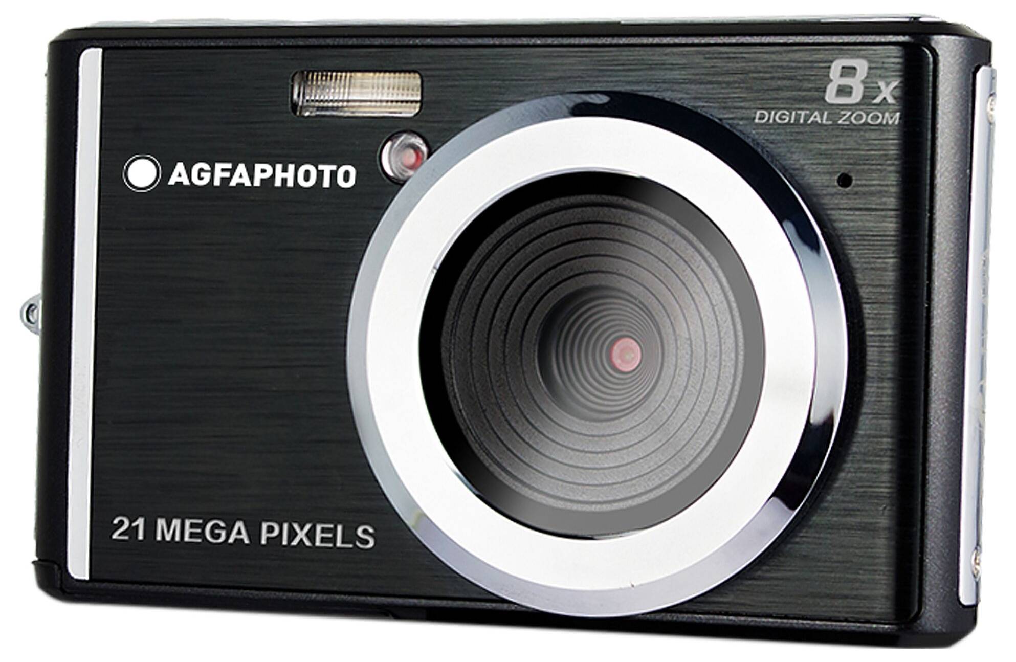 Digitální fotoaparát s černým tělem, stříbrným prstencem objektivu a textem '21 megapixelů' a '8x digitální zoom'.