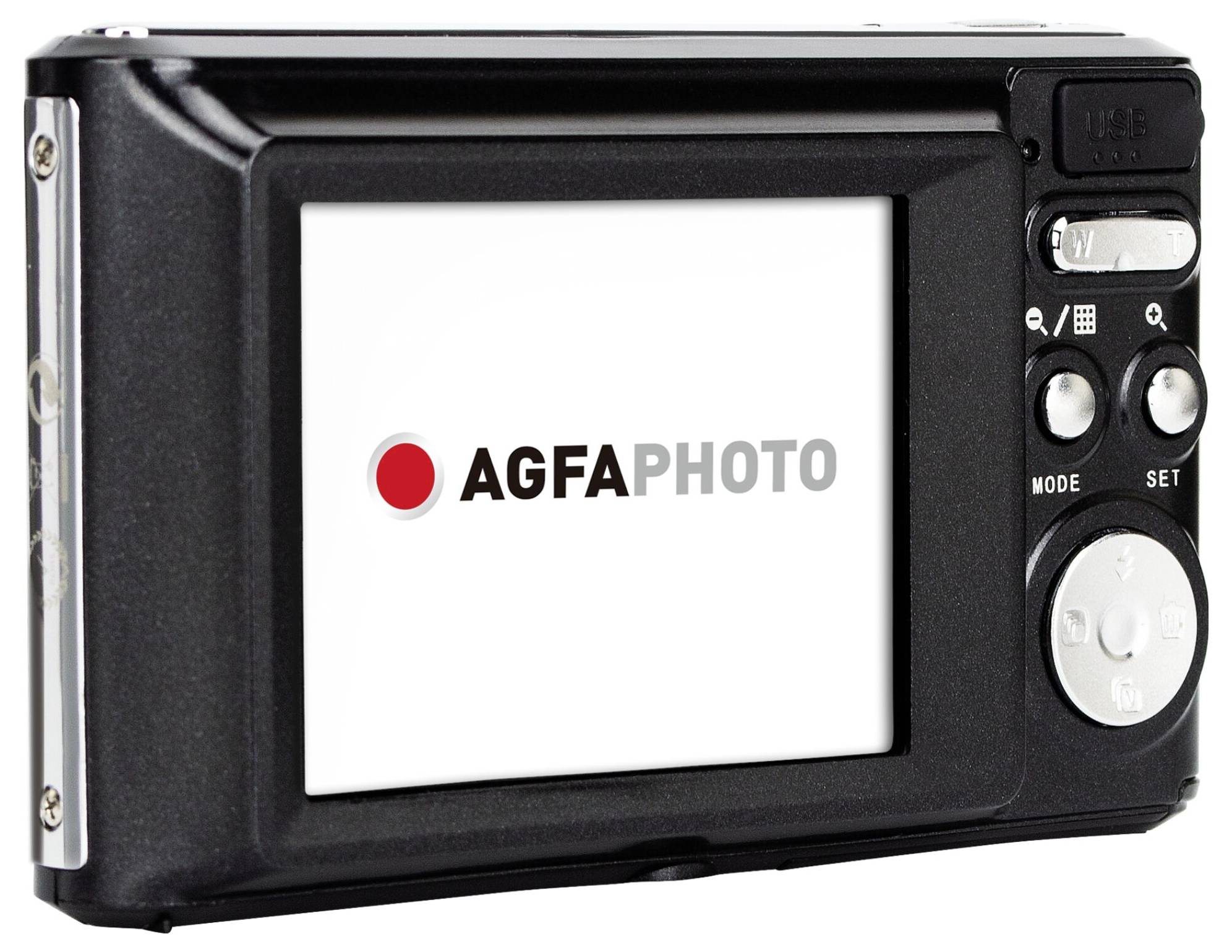 Digitální fotoaparát AgfaPhoto, zobrazený pohledem zezadu. Logo 'AGFAPHOTO' je viditelné na displeji.