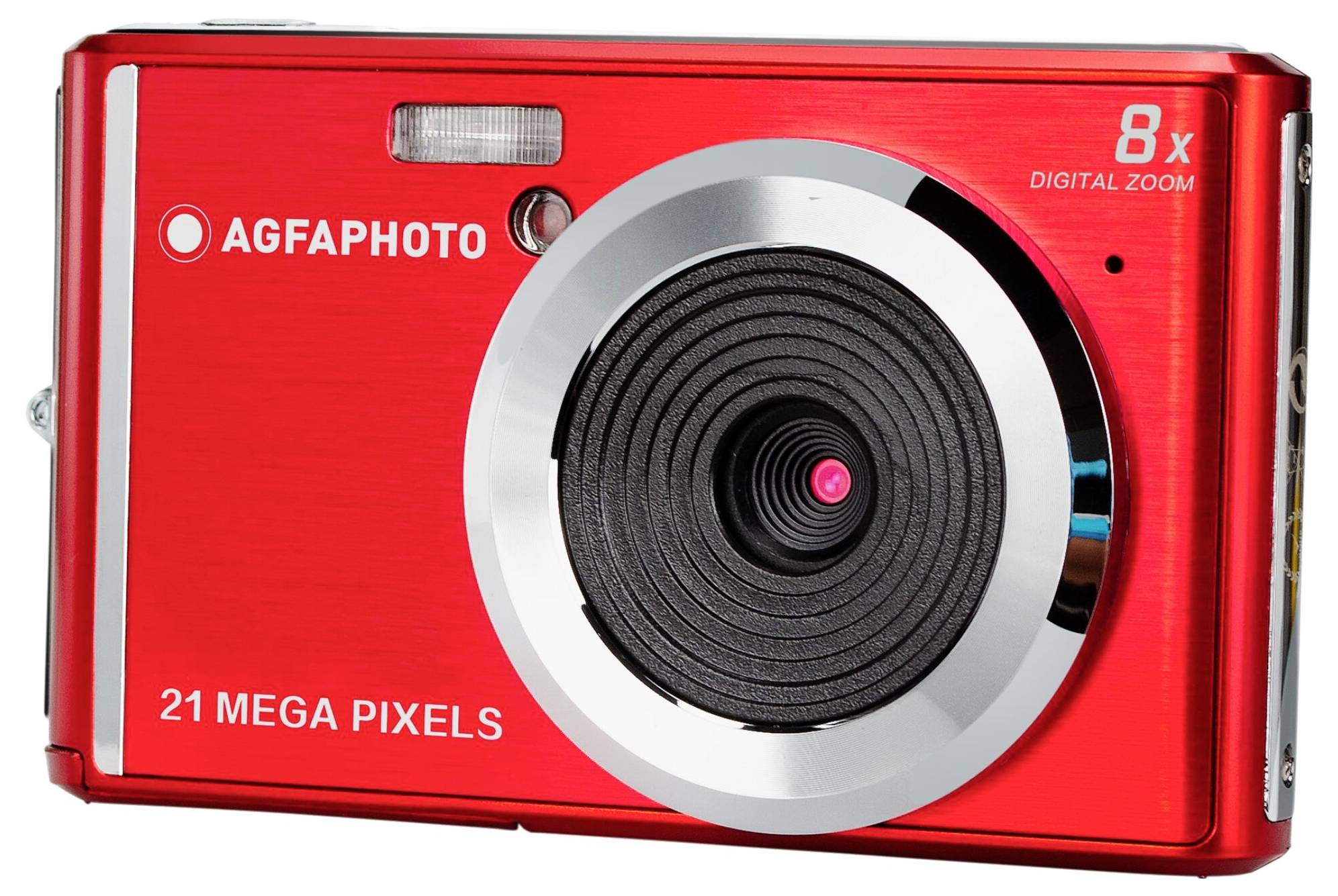Červený digitální fotoaparát se stříbrným prstencem objektivu. Název značky a '21 megapixelů' na přední straně. 8násobný digitální zoom.