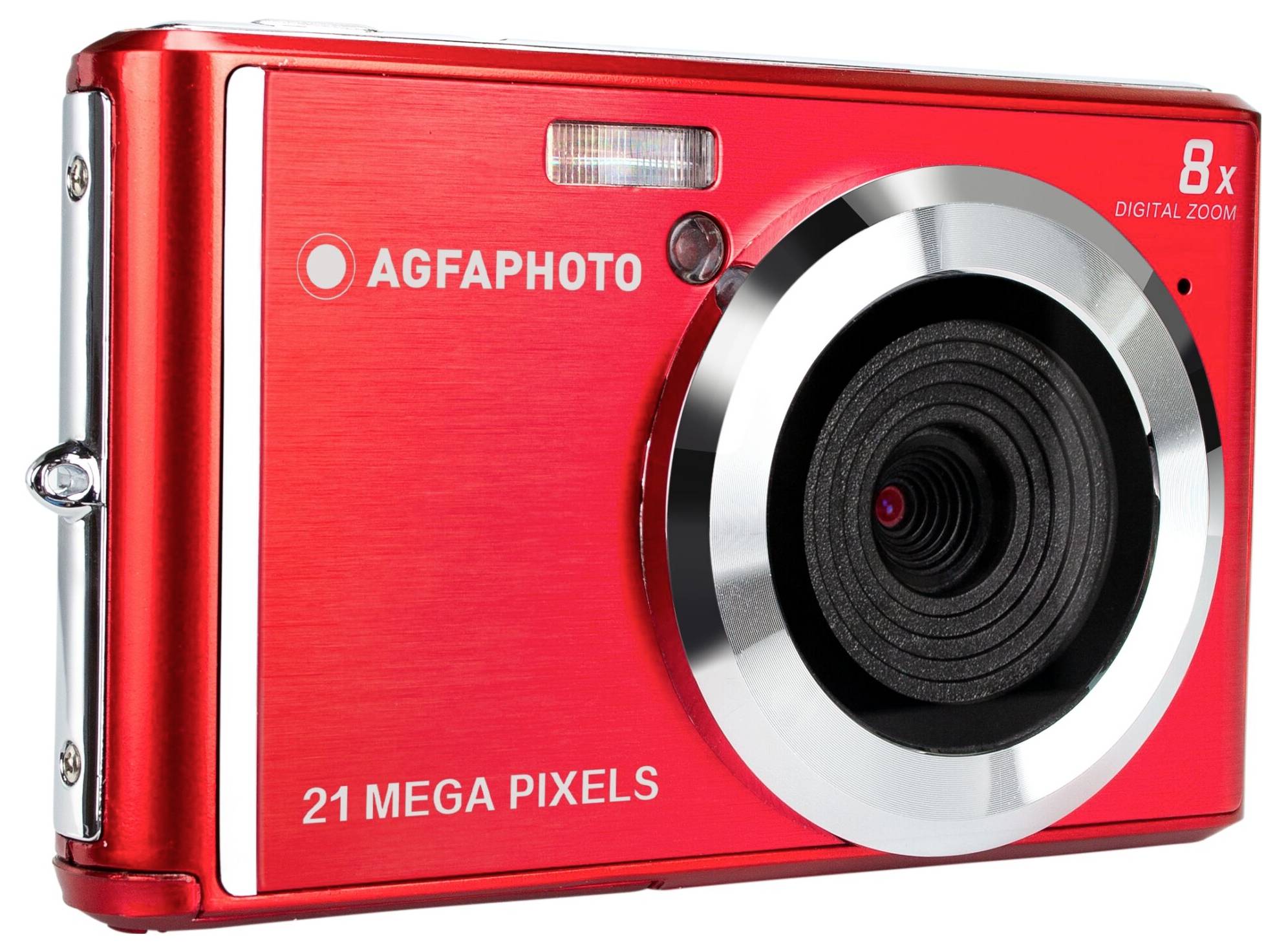 Červený digitální fotoaparát s 21 megapixely a 8násobným digitálním zoomem, s nápisem „AGFAPHOTO".