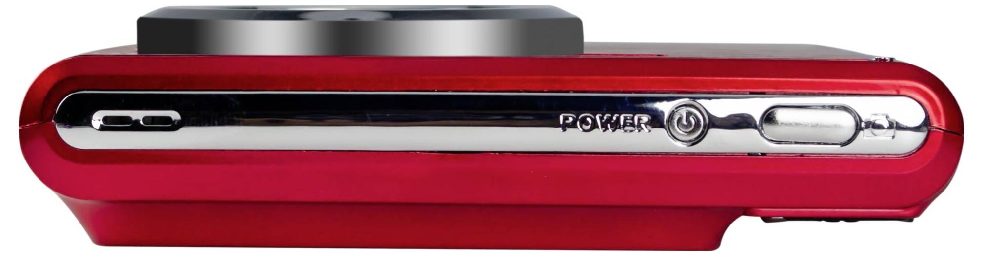 Červený digitální fotoaparát v pohledu z boku s lesklým pruhem a tlačítkem 'Power'.