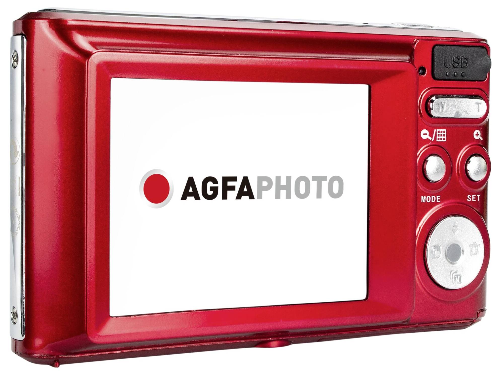 Červený digitální fotoaparát od AgfaPhoto, zadní strana s displejem a ovládacími prvky.