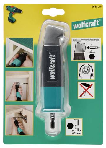 Adaptér Wolfcraft na úhlové šroubování v obalu; obsahuje obrázky znázorňující použití pro přesné vrtání rohů a šroubování s 6,35mm bitem.