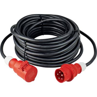 Černý prodlužovací kabel s červenými průmyslovými konektory na obou koncích, svinutý pro skladování nebo přepravu.