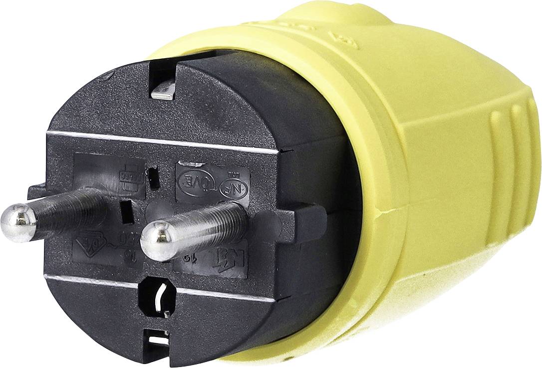 Žlutý napájecí adaptér se dvěma kulatými kolíky, vhodný pro evropské zásuvky.