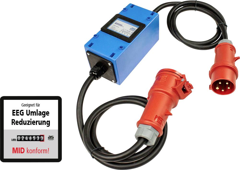 Modrý elektroměr s červenými konektory. Štítek uvádí: 'Vhodný pro snížení příspěvku na obnovitelné zdroje energie'.