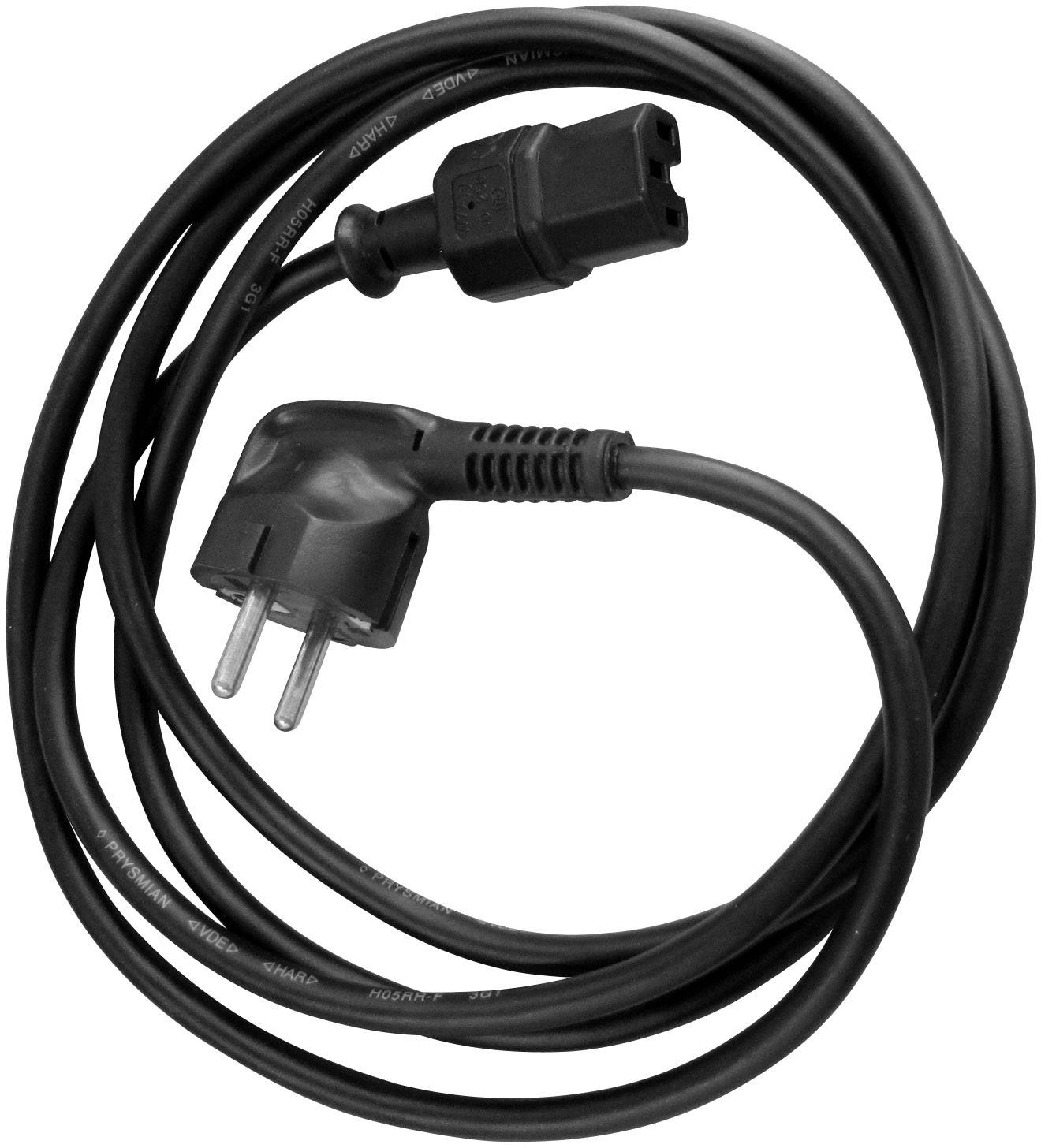 Černý síťový kabel s eurokonektorem a koncovkou pro připojení zařízení, ležící na neutrální ploše.