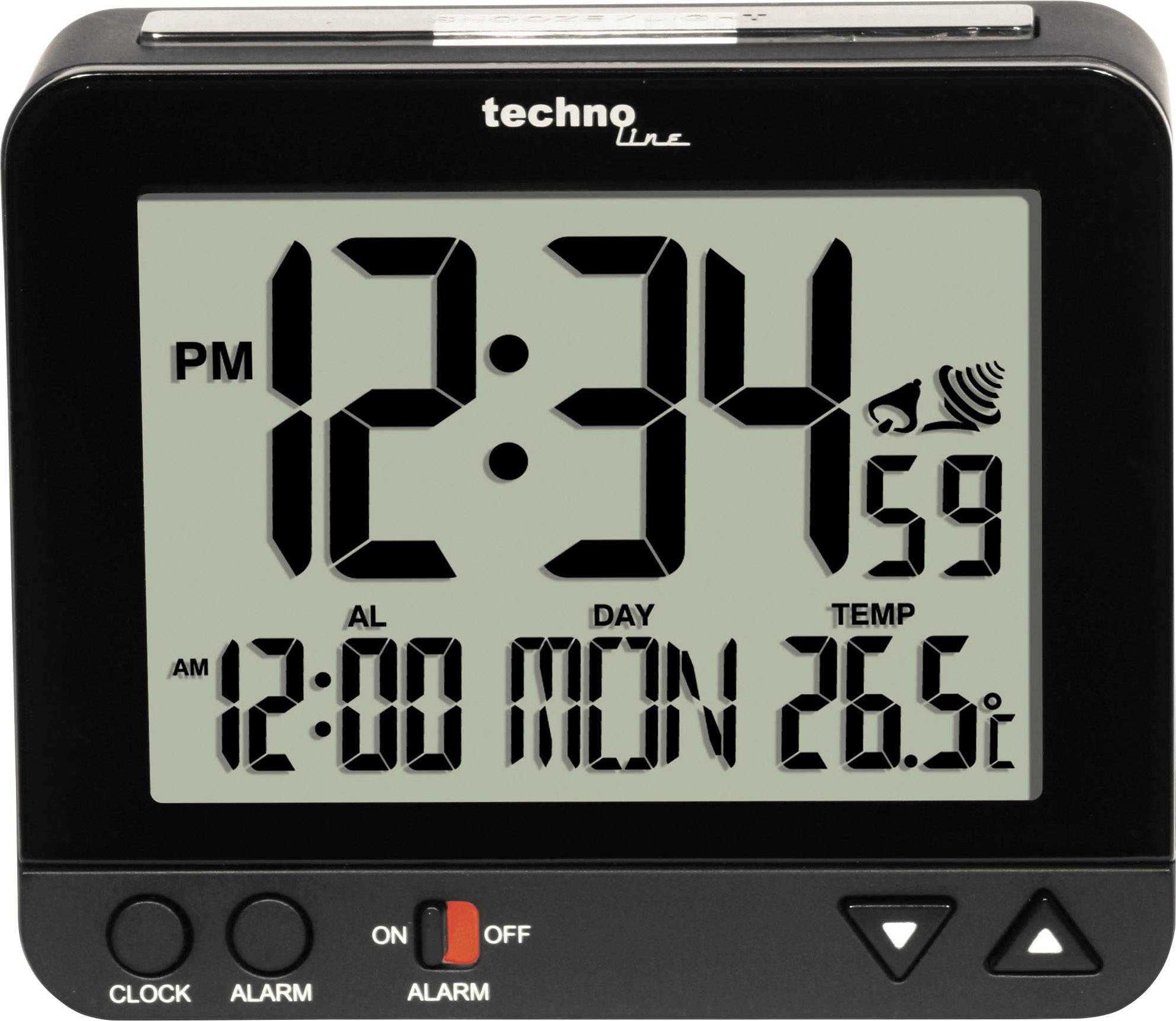 Digitální hodiny s černým pouzdrem zobrazují "PM 12:34" a "26,5°C". Dole "12:00 PON" a funkce budíku. Teplotní displej vlevo.