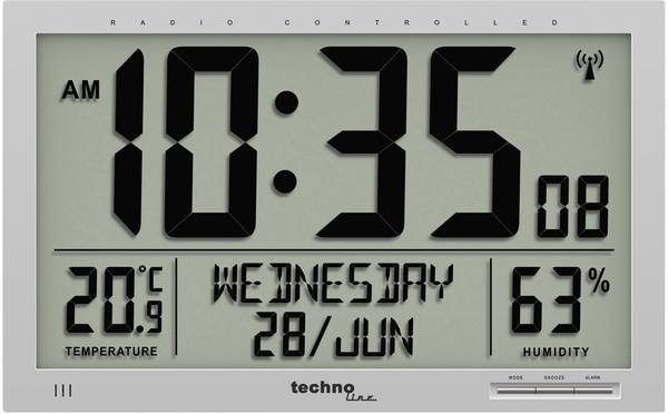 Techno Line WS 8013 DCF nástěnné hodiny 36.9 cm x 22.9 cm x 2.4 cm, stříbrná, velký displej