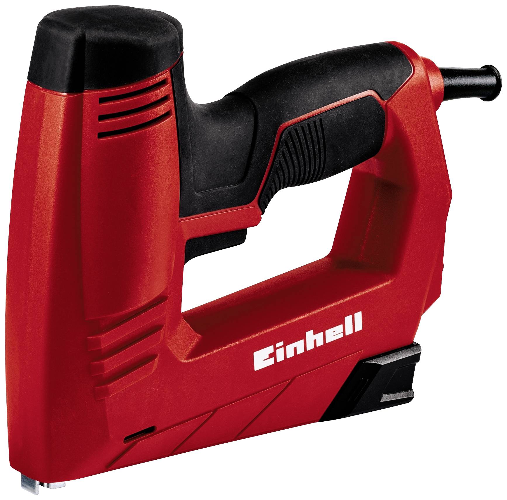 Červená elektrická sponkovačka značky Einhell s černou rukojetí, vhodná pro rychlé upevňování materiálů.