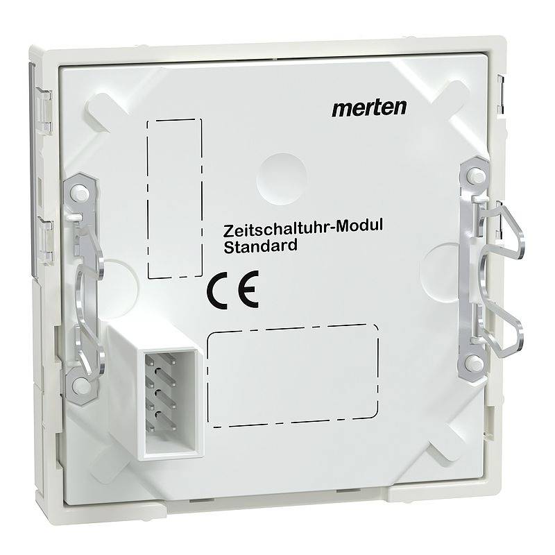 Standardní modul časového spínače od Mertenu, pohled zezadu s označením CE. Bílý čtvercový tvar s elektrickými přípojkami.