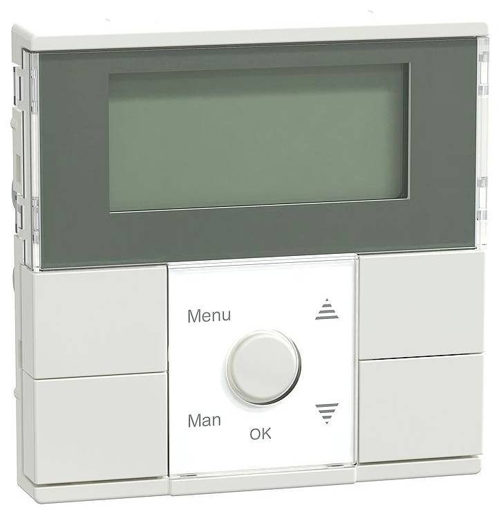 Bílé elektronické řídicí zařízení s displejem nahoře, pod nímž je otočný ovladač s tlačítky 'Menu', 'Man' a 'OK'.