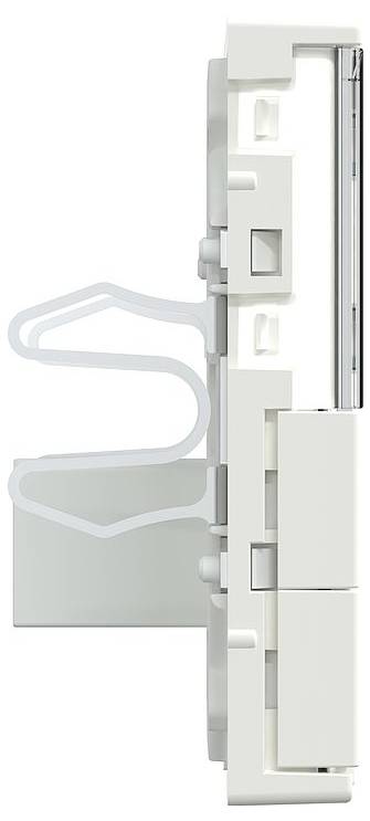 Boční pohled na bílý dveřní pant s integrovanou tlumicí technologií, namontovaný na stěnové struktuře.