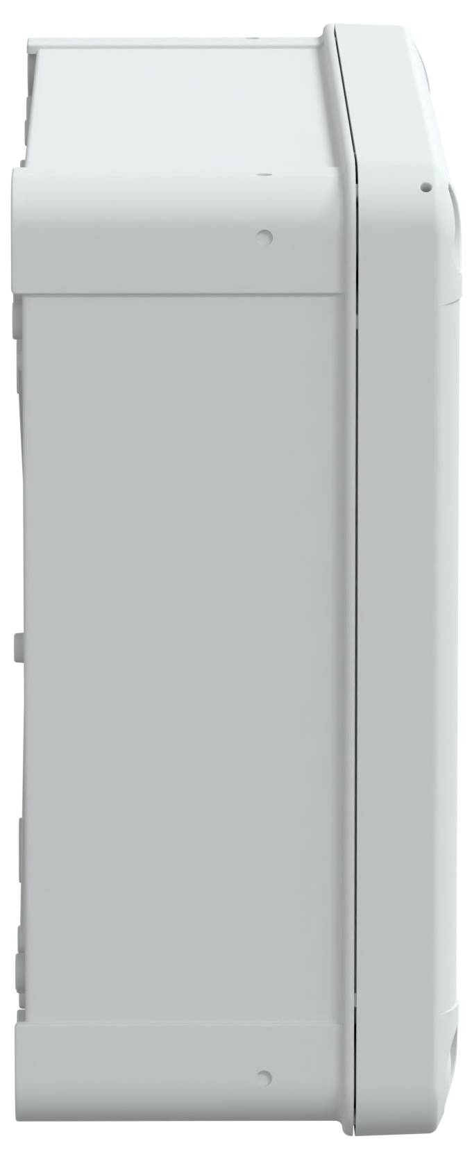 Boční pohled na bílé, obdélníkové elektronické zařízení s minimalistickým designem a hladkými hranami.