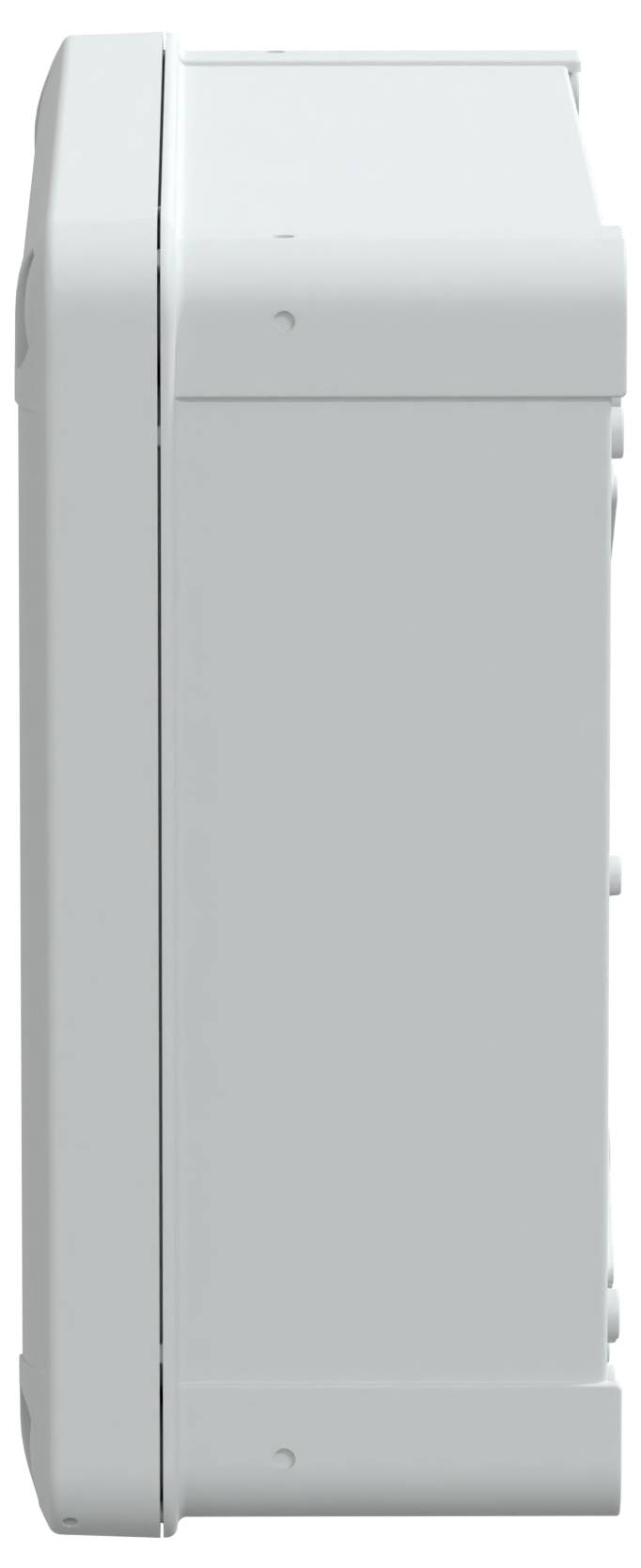 Boční pohled na bílé, obdélníkové elektronické zařízení s minimalistickým designem. Má hladký povrch s jemnými hranami.