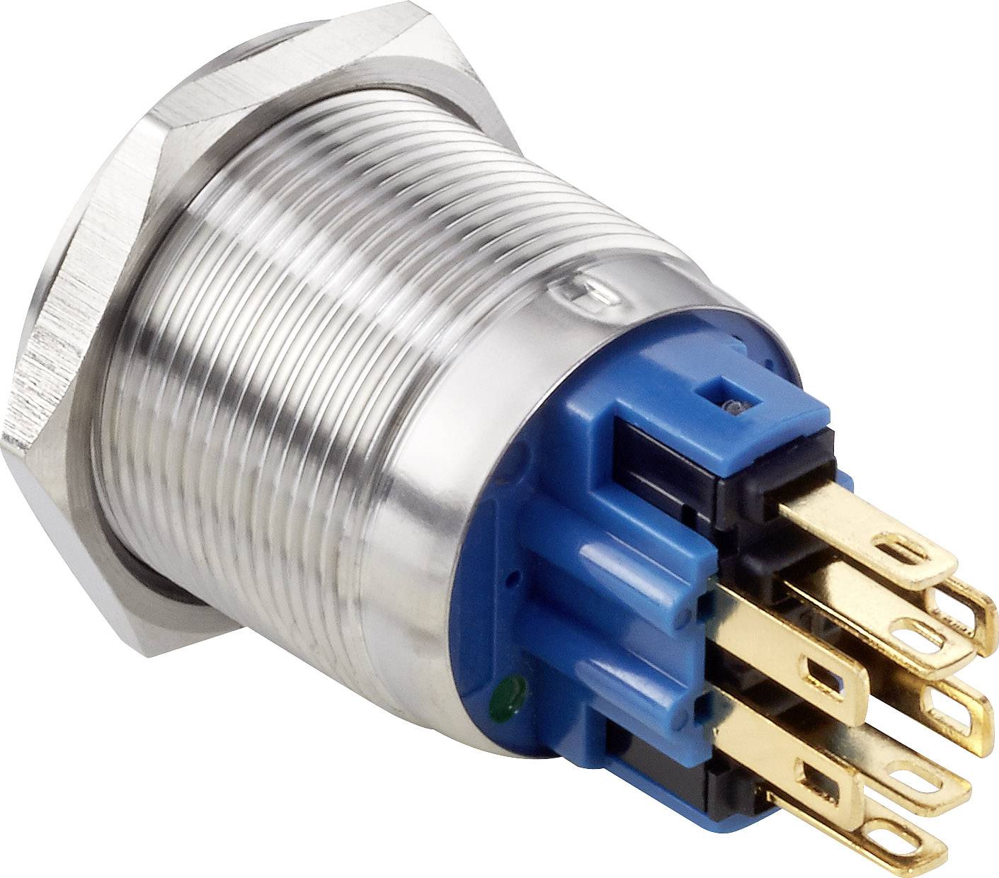 Válcový kovový konektor s modrým izolačním materiálem a zlatými kontakty. Vhodný pro elektronické propojení.