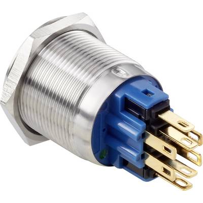 Válcový kovový konektor s modrým izolačním materiálem a zlatými kontakty. Vhodný pro elektronické propojení.