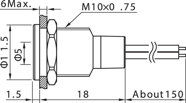 Technický výkres válcového senzoru s rozměry: délka 18 mm, průměr 15 mm, závit M10X0,75, maximální hloubka vestavby 6 mm.