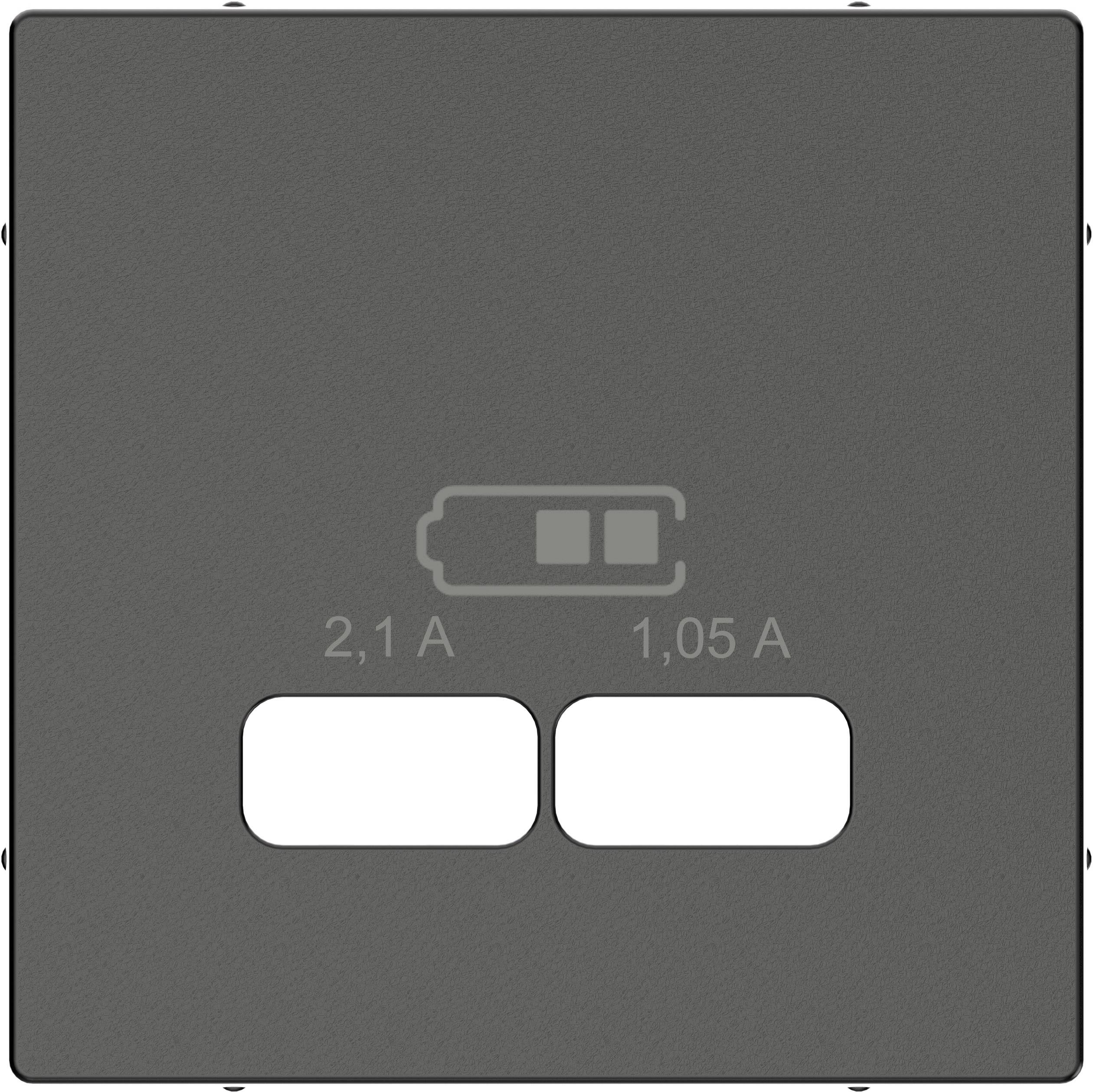 Obrázek elektrické zásuvky se dvěma USB porty, které zobrazují 2,1 A a 1,05 A, vhodné pro současné nabíjení zařízení.