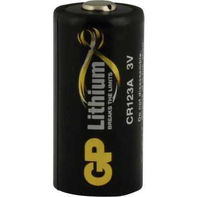 Žluto-zelená lithium-manganová baterie Ultrafire CR123A 3V s znaménkem plus a bílým popisem na černém pouzdru.