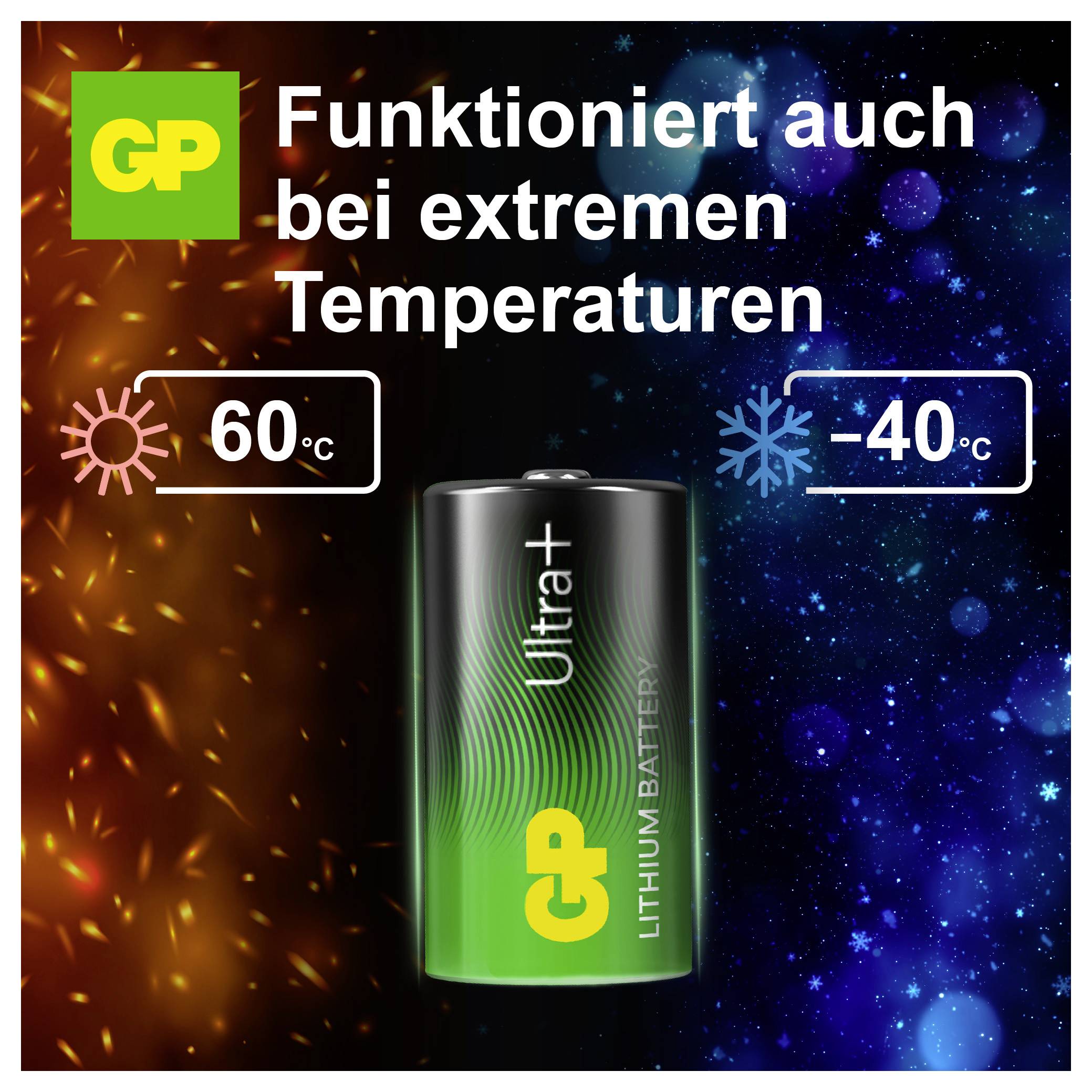 Reklama na lithiovou baterii GP Ultra+: funguje také při extrémních teplotách od 60 °C do -40 °C.
