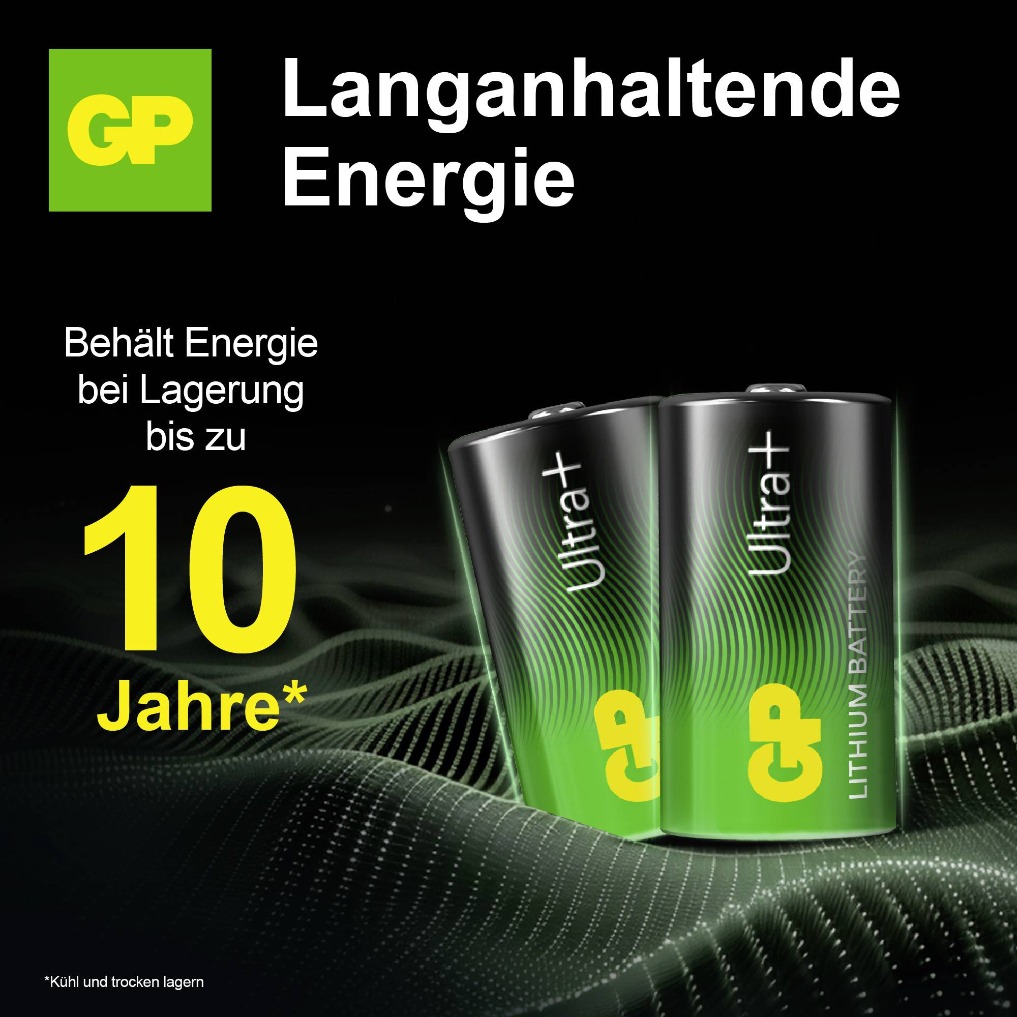 Reklamní inzerát pro lithiové baterie GP Ultra+ s "Dlouhotrvající energií"; tvrdí uskladnění energie až 10 let při chladném, suchém skladování.