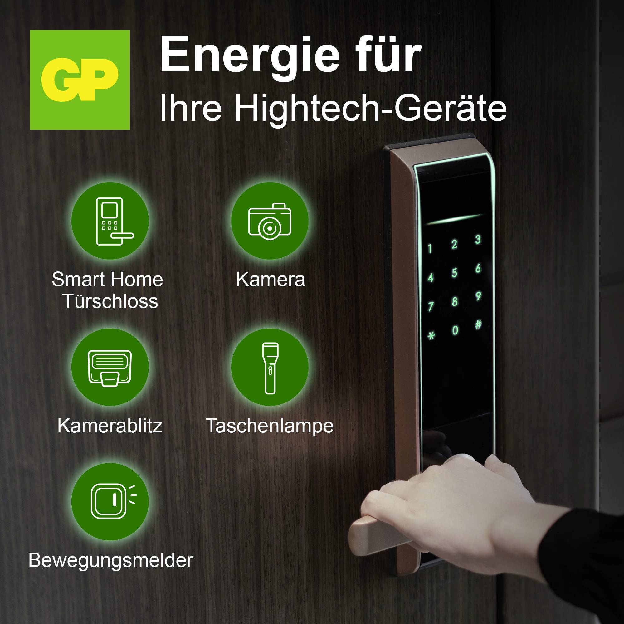 Reklama na baterie GP: "Energie pro vaše high-tech zařízení"; zobrazuje inteligentní zámek na dveře s rukou a také symboly pro kameru, blesk fotoaparátu, svítilnu a detektor pohybu.