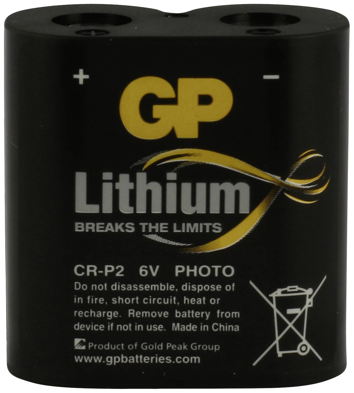 Černá lithiová baterie GP s nápisem 'Lithium Breaks the Limits'. Označená 6V a CR-P2. Pokyny pro bezpečné použití.