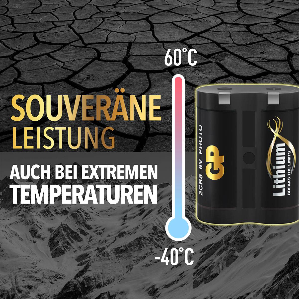 Lithiová baterie a teploměr se stupnicí od -40°C do 60°C. Text: 'Suverénní výkon i za extrémních teplot'. Pouštní podloží v pozadí.