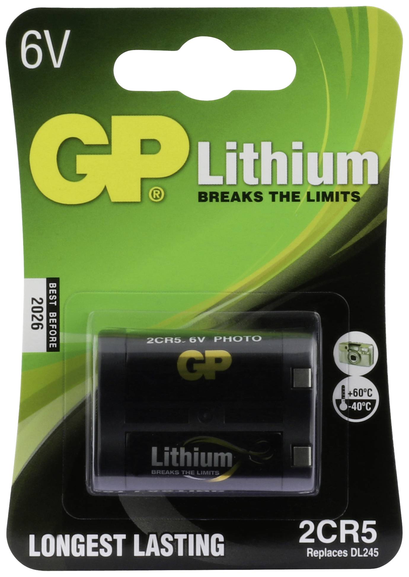 'Obal lithiové baterie GP 6V (2CR5), vhodné pro extrémní teploty od -40°C do +60°C, použitelné do roku 2026.'
