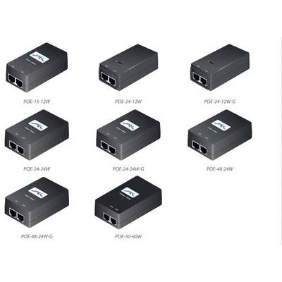 Síťová zařízení pro Power over Ethernet (PoE) v různých modelech a výkonových úrovních, ukazující pestrost produktů a jejich funkcí.