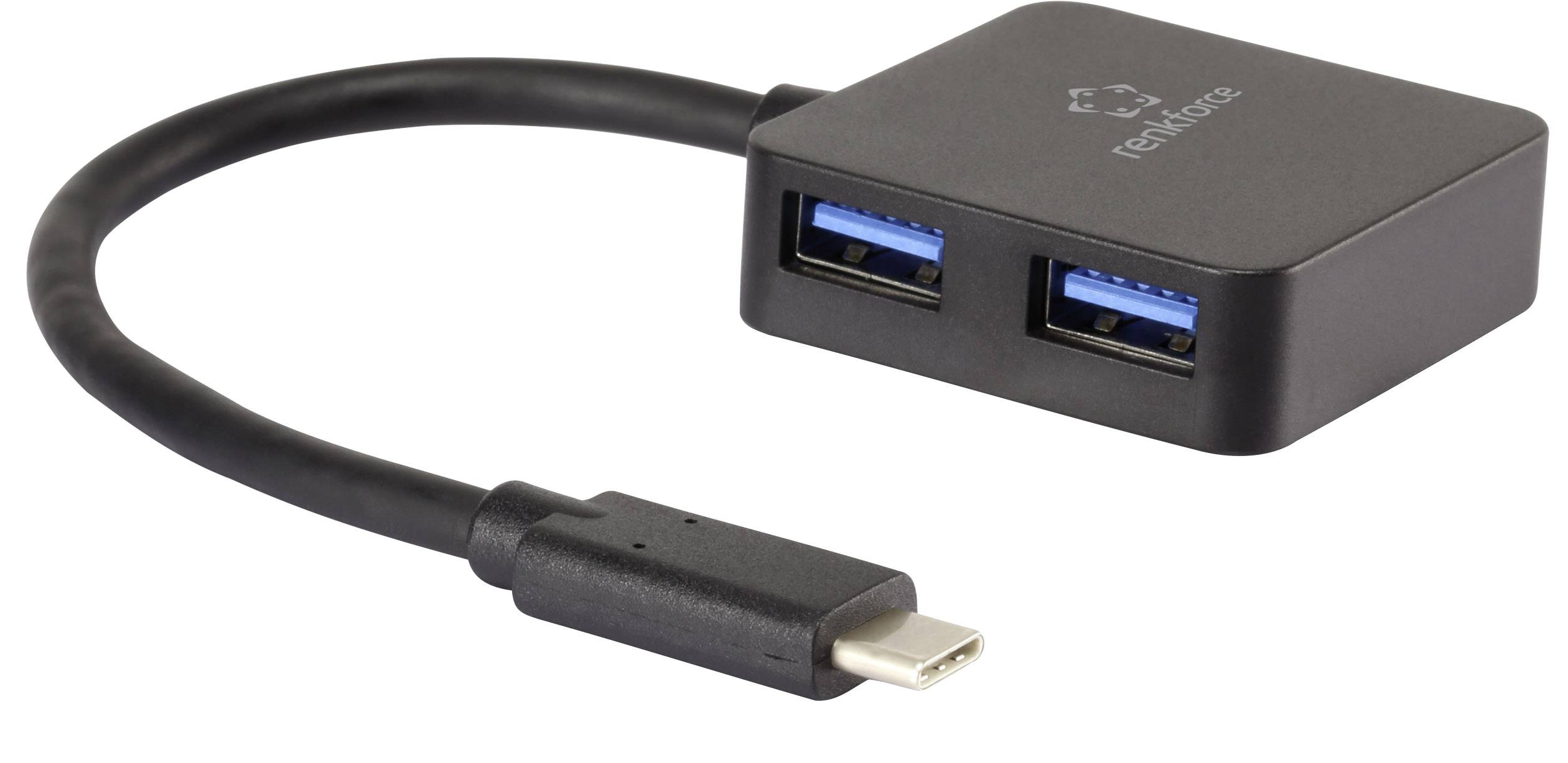 Černý USB-C adaptér se dvěma modrými USB 3.0 porty a krátkým kabelem.