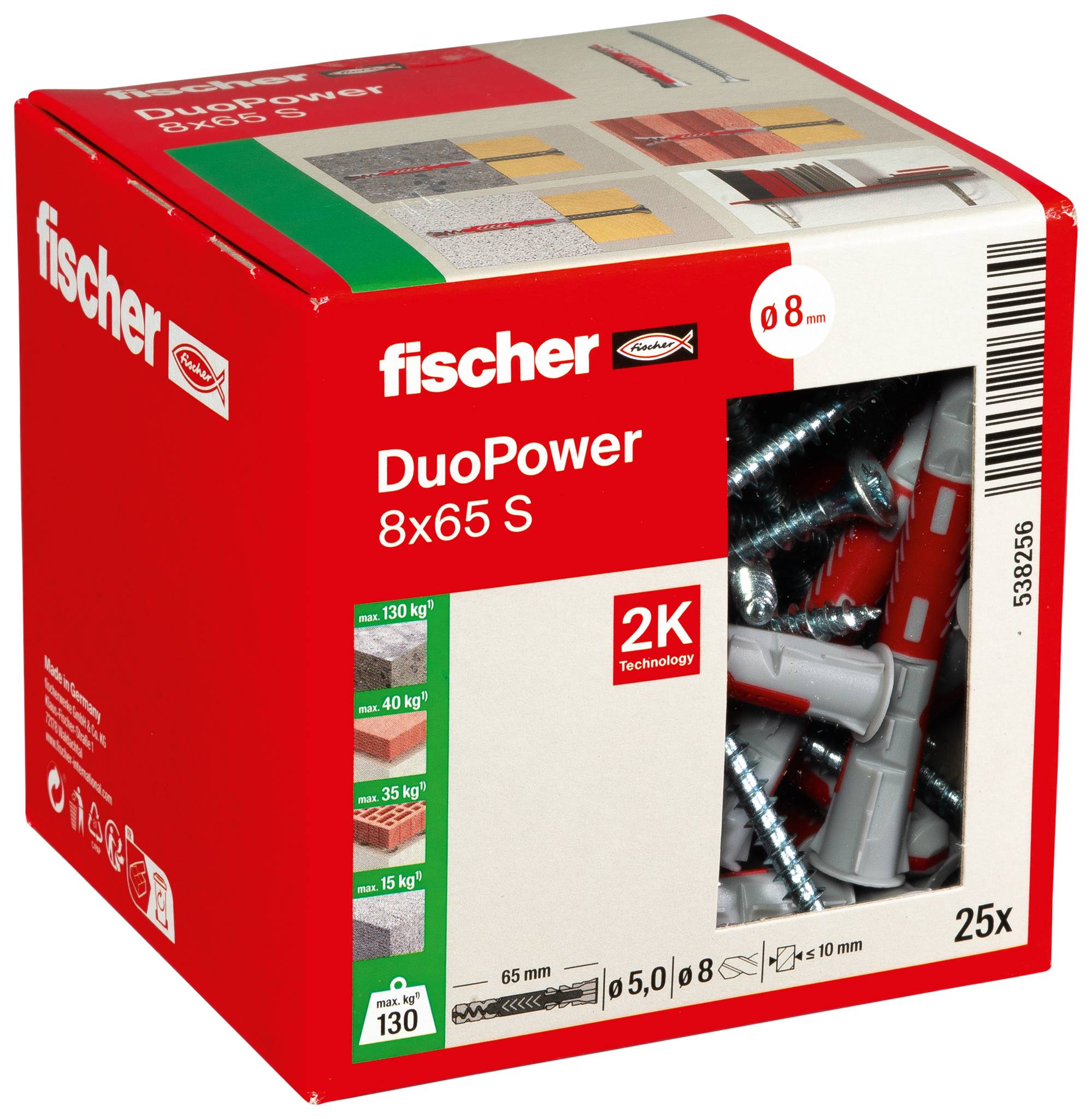 Sada jímacích prvků Red Fischer DuoPower 8x65 S v krabici s 25 kotvami a velikostí vrtu 8 mm, obsahující šrouby a šedé hmoždinky.