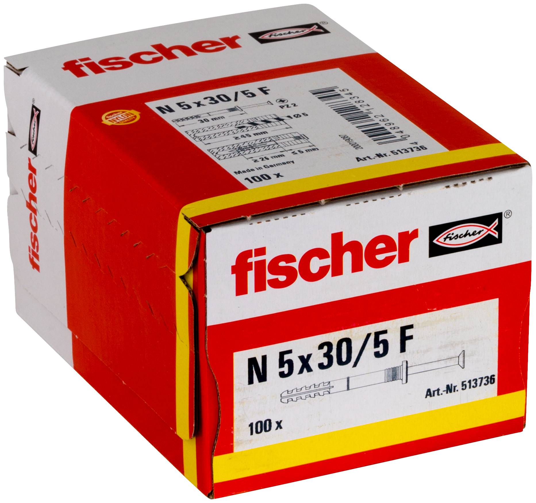 Červená krabice fischer s kolíky fischer N 5x30/5 F na stěnu, balení 100 kusů, zobrazeno na neutrálním pozadí.