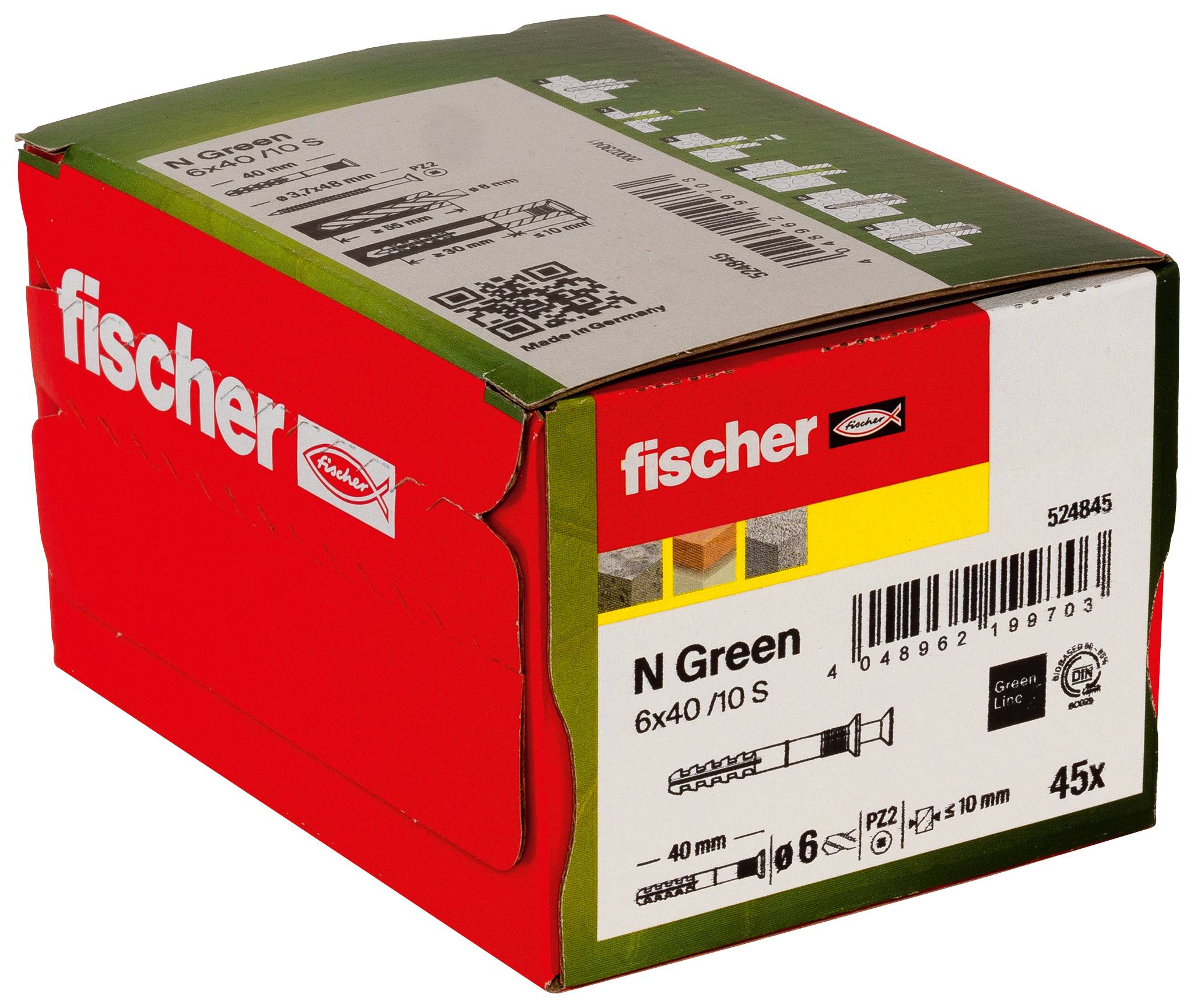 Krabice Fischer N Green obsahující 45 hmoždinek do zdiva, označená 6x40/10 S a 6 x 40 mm, zobrazená na bílém pozadí.