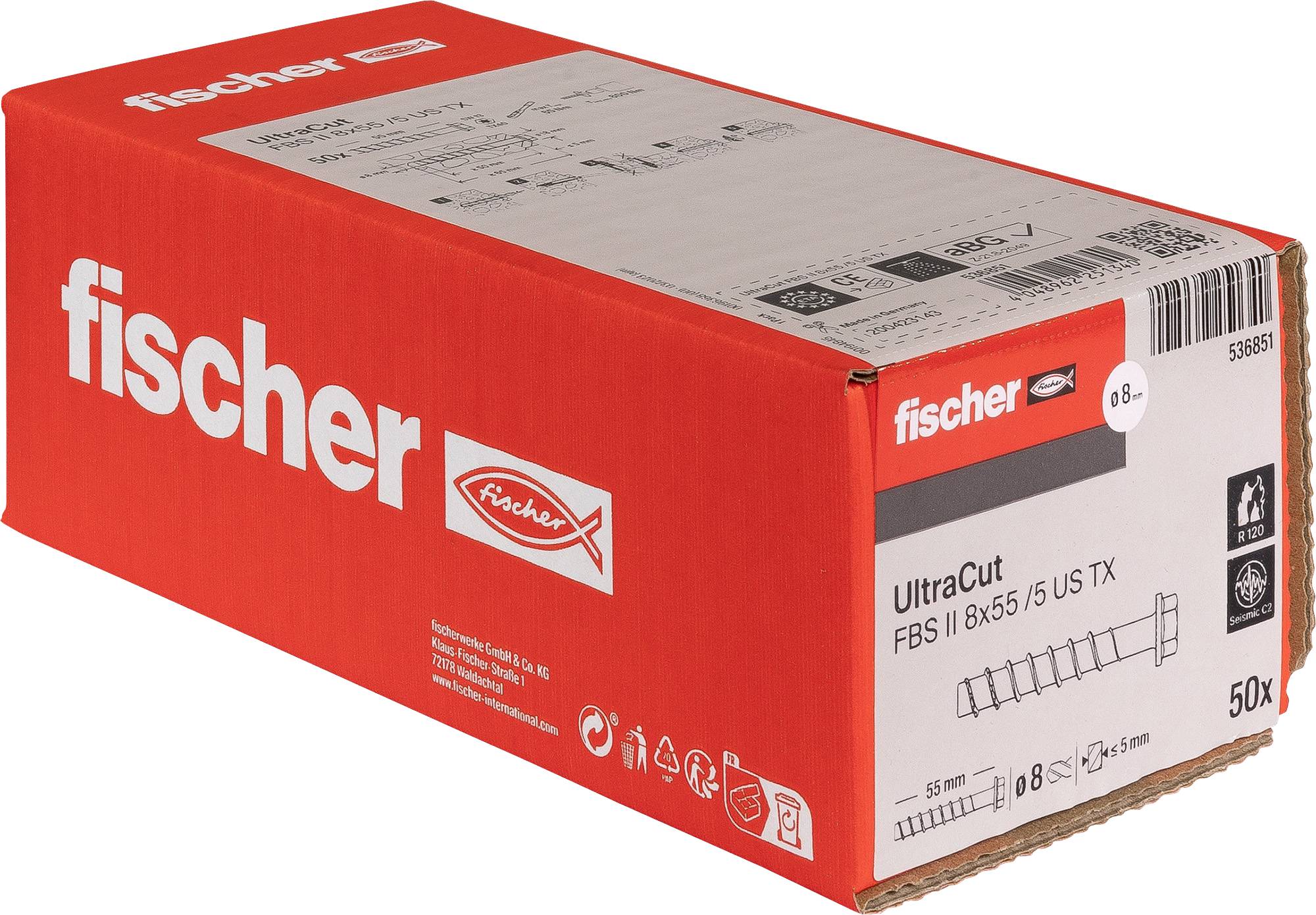 Krabice Fischer s kotvami Fischer Ultracut FBS II 8x55/5 US TX, označená 50x, zobrazená na bílém pozadí.