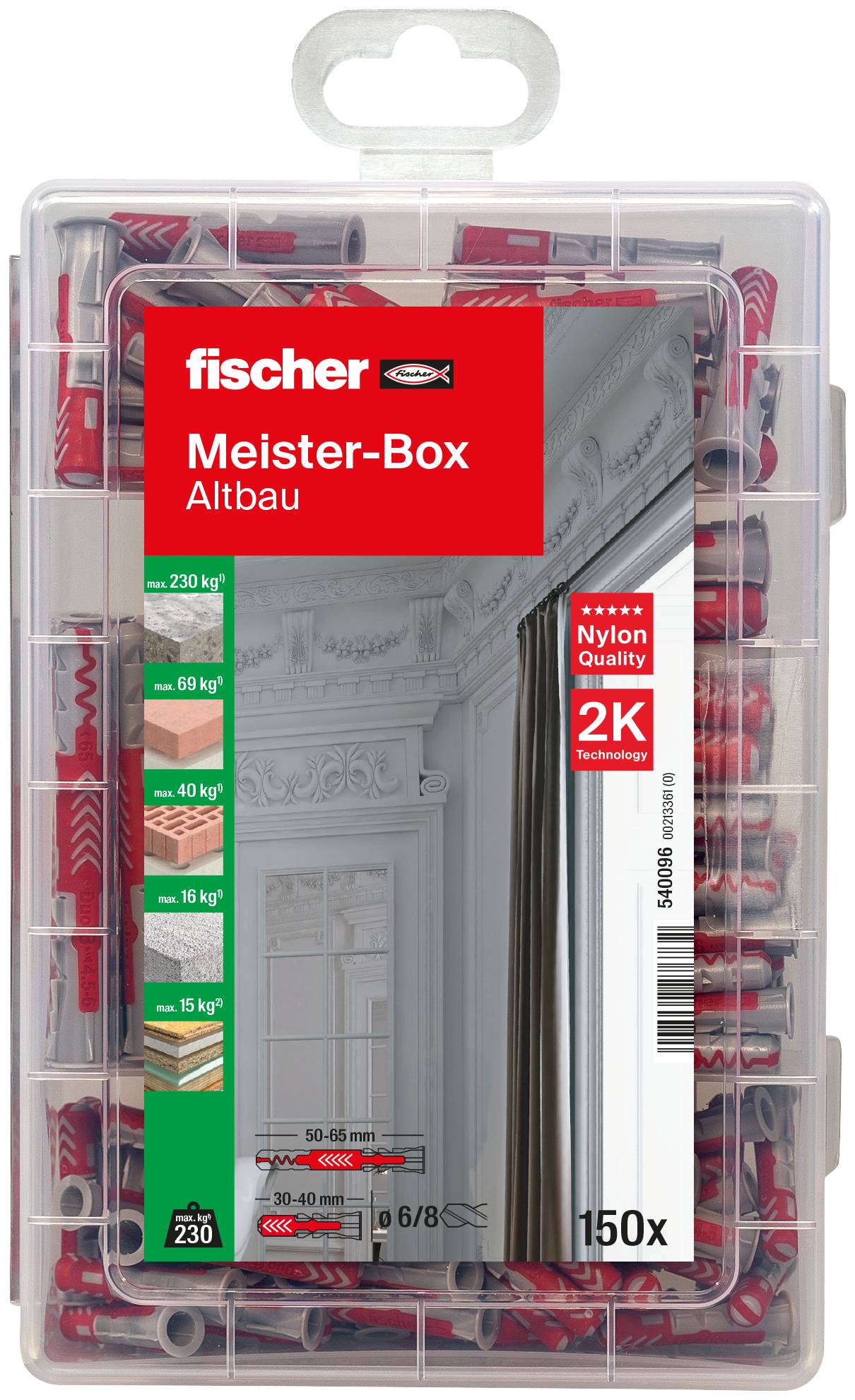Plastový box s červenými a šedými plastovými hmoždinkami různých velikostí, rozdělený do přihrádek pro pečlivé uložení.
