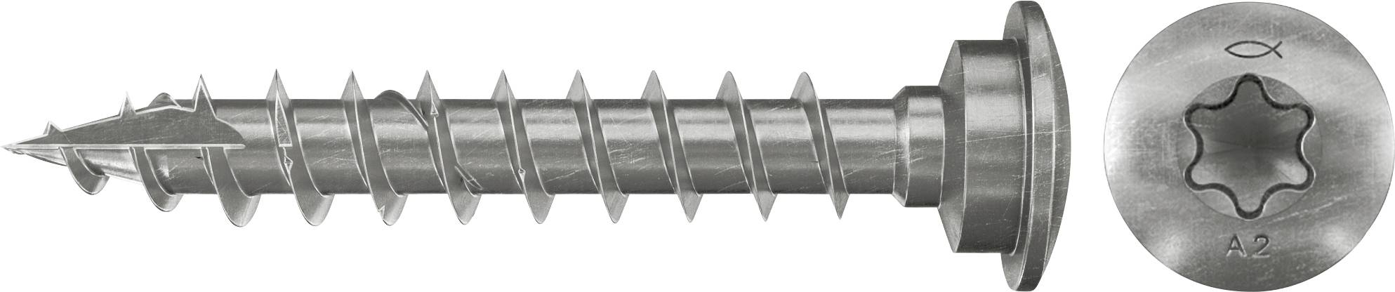 Kovový šroub s ostrým špičatým koncem a širokou přírubou hlavy, zobrazený vedle detailního snímku výklenku pro Torx-style pohon v hlavě.