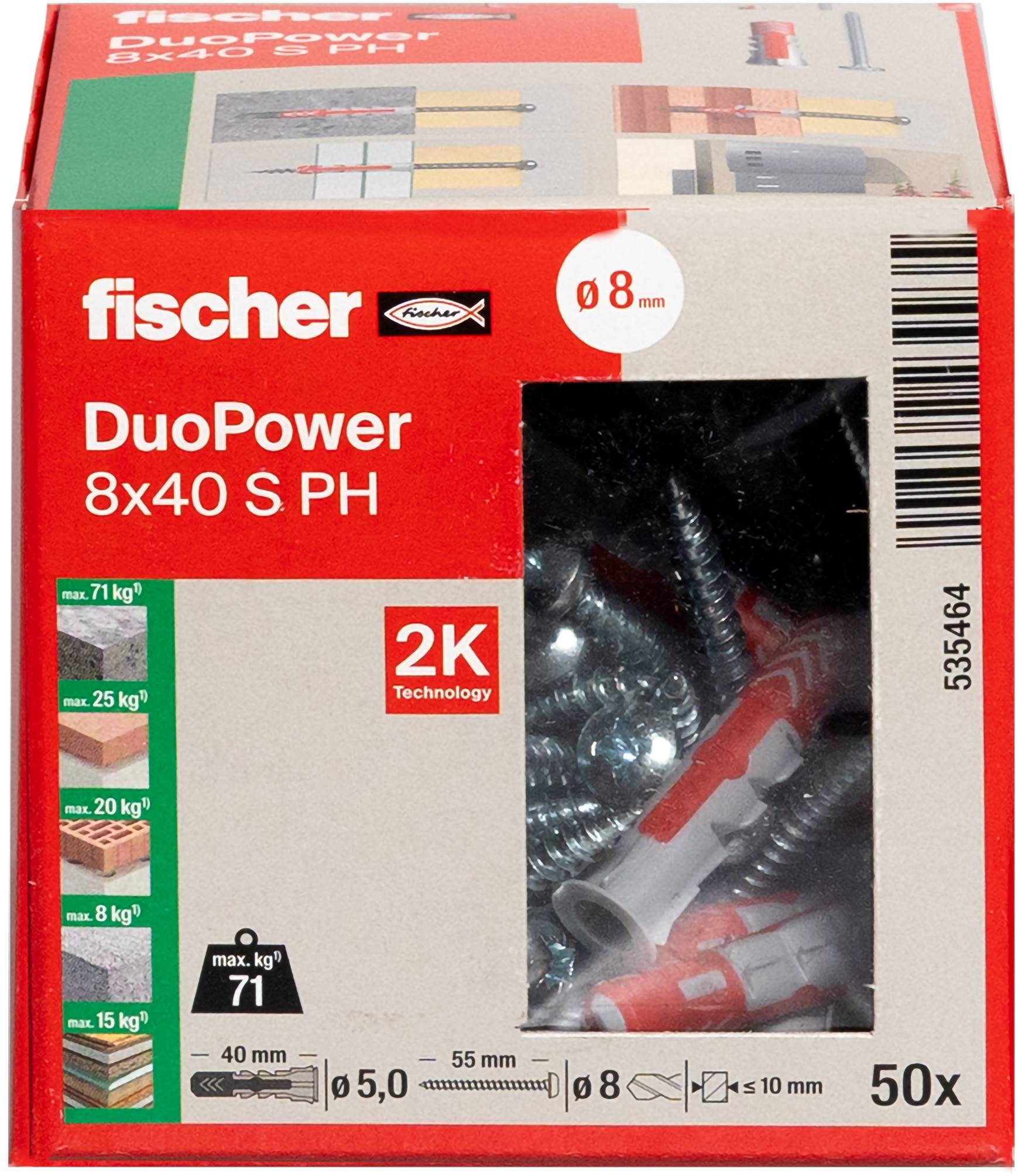 Krabice hmoždinek Fischer DuoPower, velikost 8x40 S PH, znázorňující jejich použití pro zavěšování předmětů na různé typy stěn, s nosností až 71 kg.
