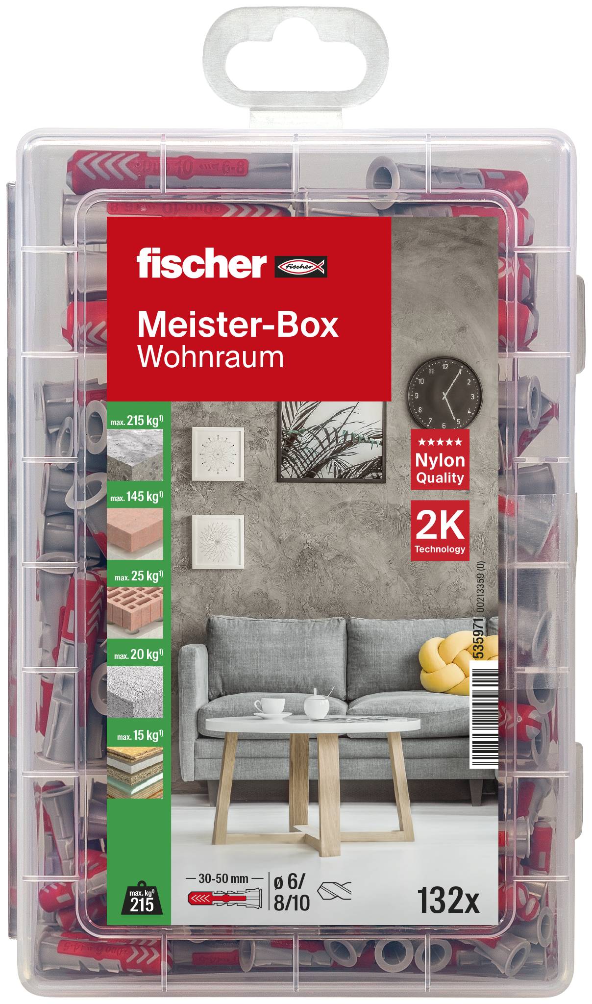 Čirá plastová krabice Fischer Meister-Box Wohnraum hmoždinek a upevňovacích prvků, označená "Nylon Quality", "2K Technology", 132x, pro montáž do interiéru domu.