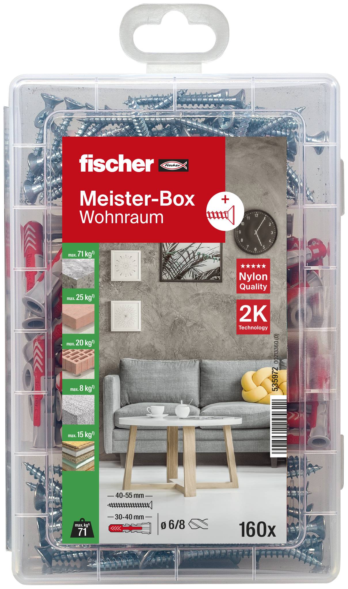 Balení kotvících prvků a šroubů fischer Meister-Box Wohnraum se na přední etiketě uvádí 160 kusů pro použití v interiéru.